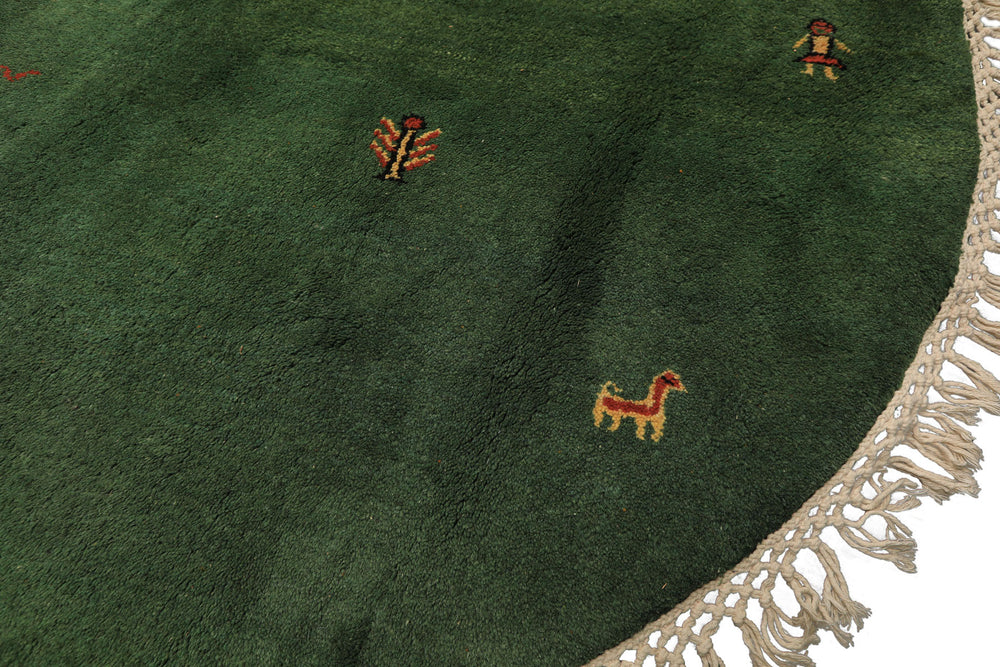 Round Green, Gold, Black Color Hand Knotted Gabbeh Wool Modern & Contemporary Oriental Rug
