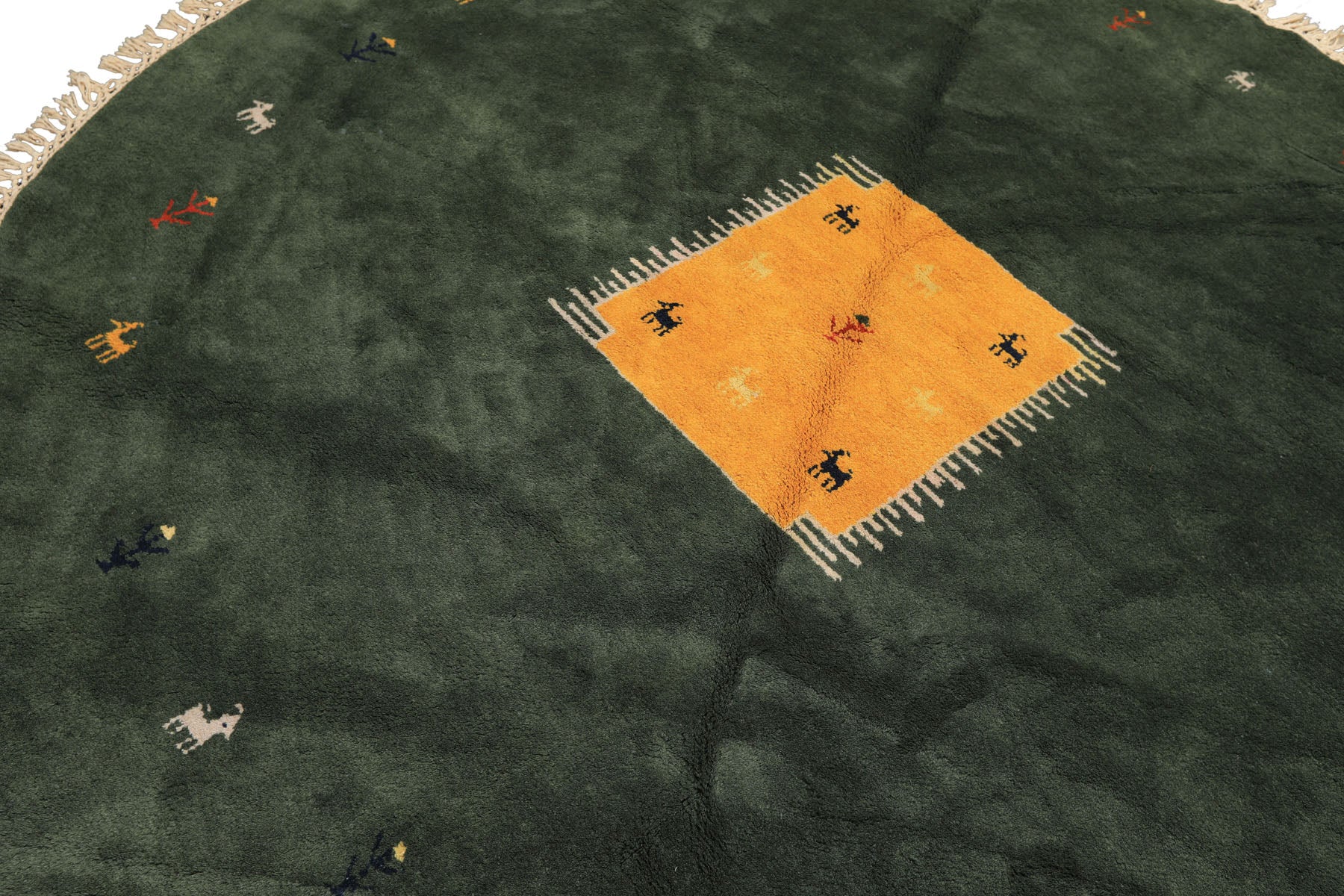 8' Round Dark Sage, Gold, Ivory Color Hand Knotted Gabbeh Wool Modern & Contemporary Oriental Rug