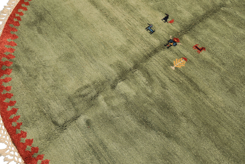 Round Sage, Coral, Burnt Orange Color Hand Knotted Gabbeh Wool Modern & Contemporary Oriental Rug