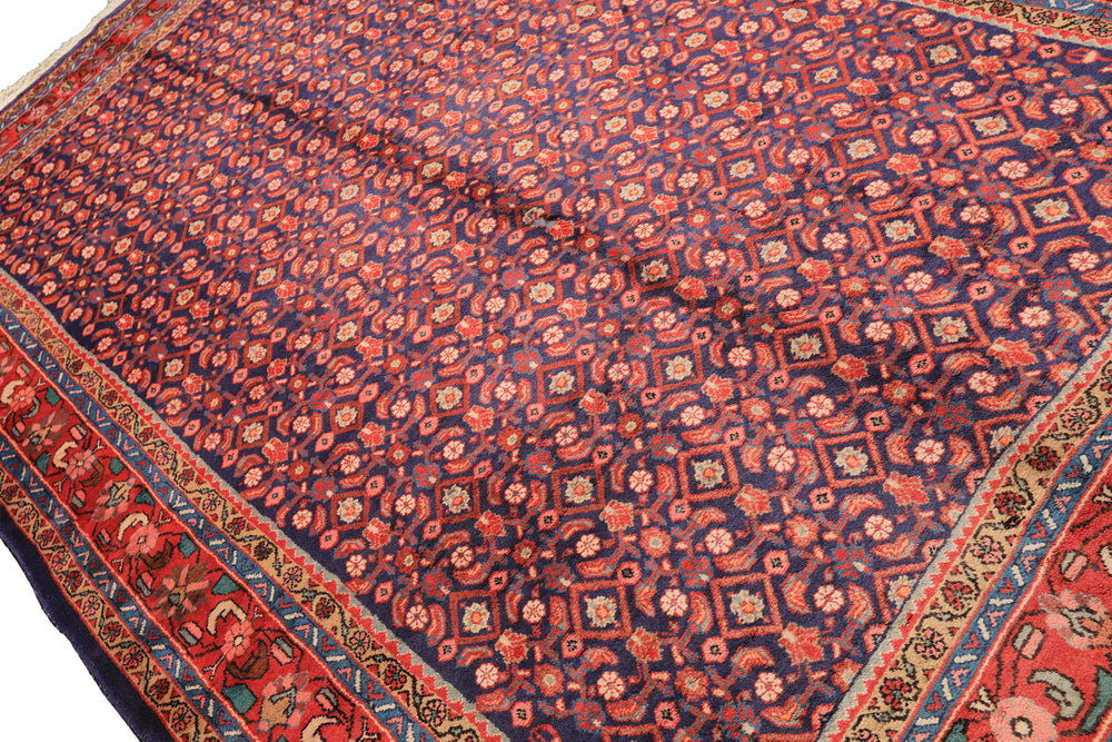 7x11 Royal Blue, Coral, Blush Color Hand Knotted Mahal Sarouk Wool Traditional Oriental Rug
