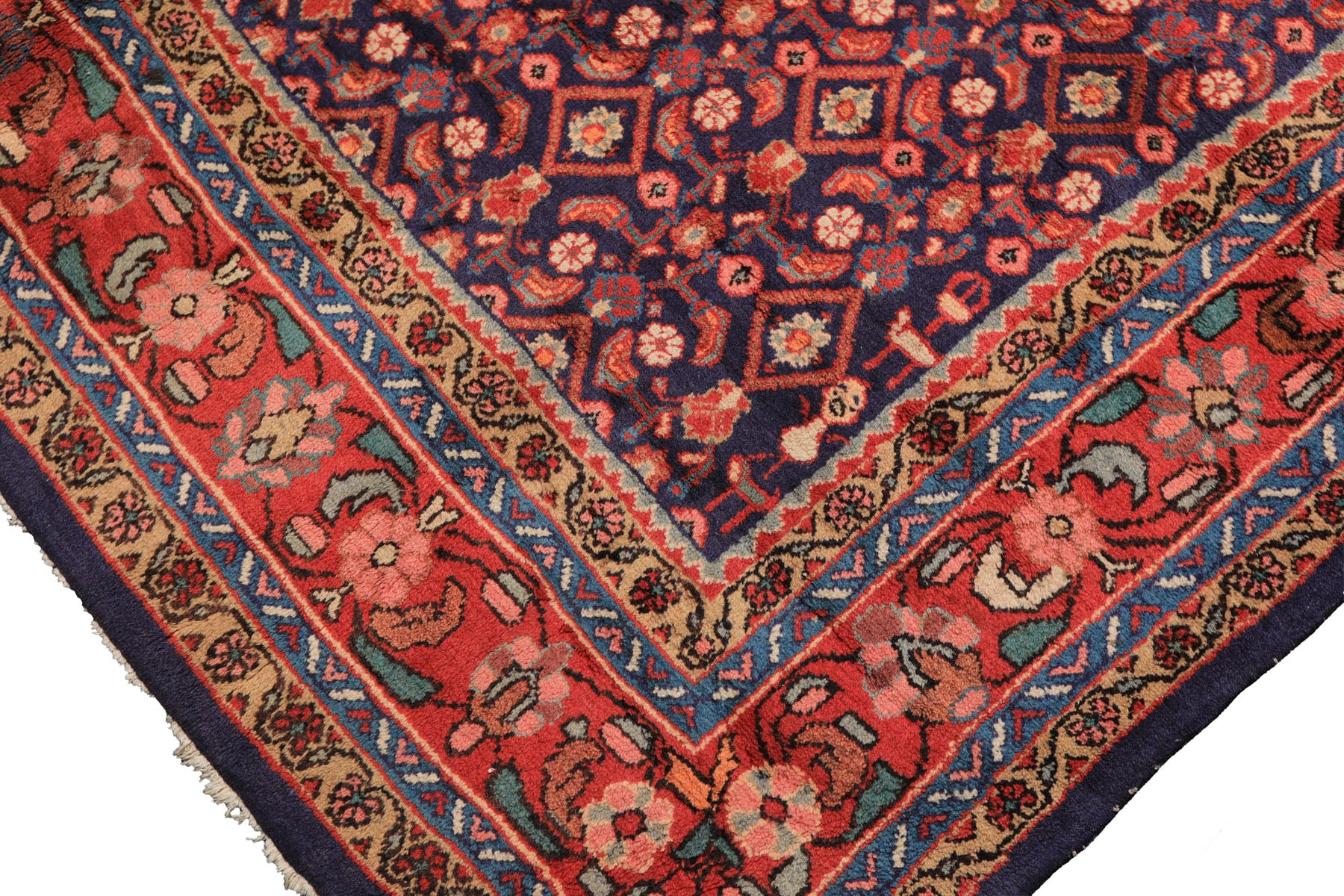 7x11 Royal Blue, Coral, Blush Color Hand Knotted Mahal Sarouk Wool Traditional Oriental Rug
