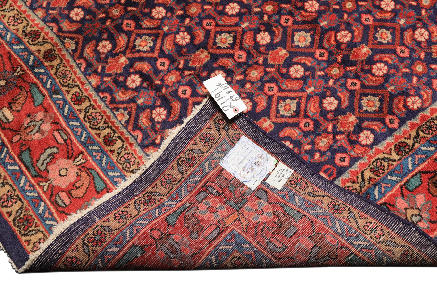 7x11 Royal Blue, Coral, Blush Color Hand Knotted Mahal Sarouk Wool Traditional Oriental Rug