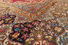 10x14 Coral, Aubergine, Aqua Color Hand Knotted Kerman Wool Traditional Oriental Rug