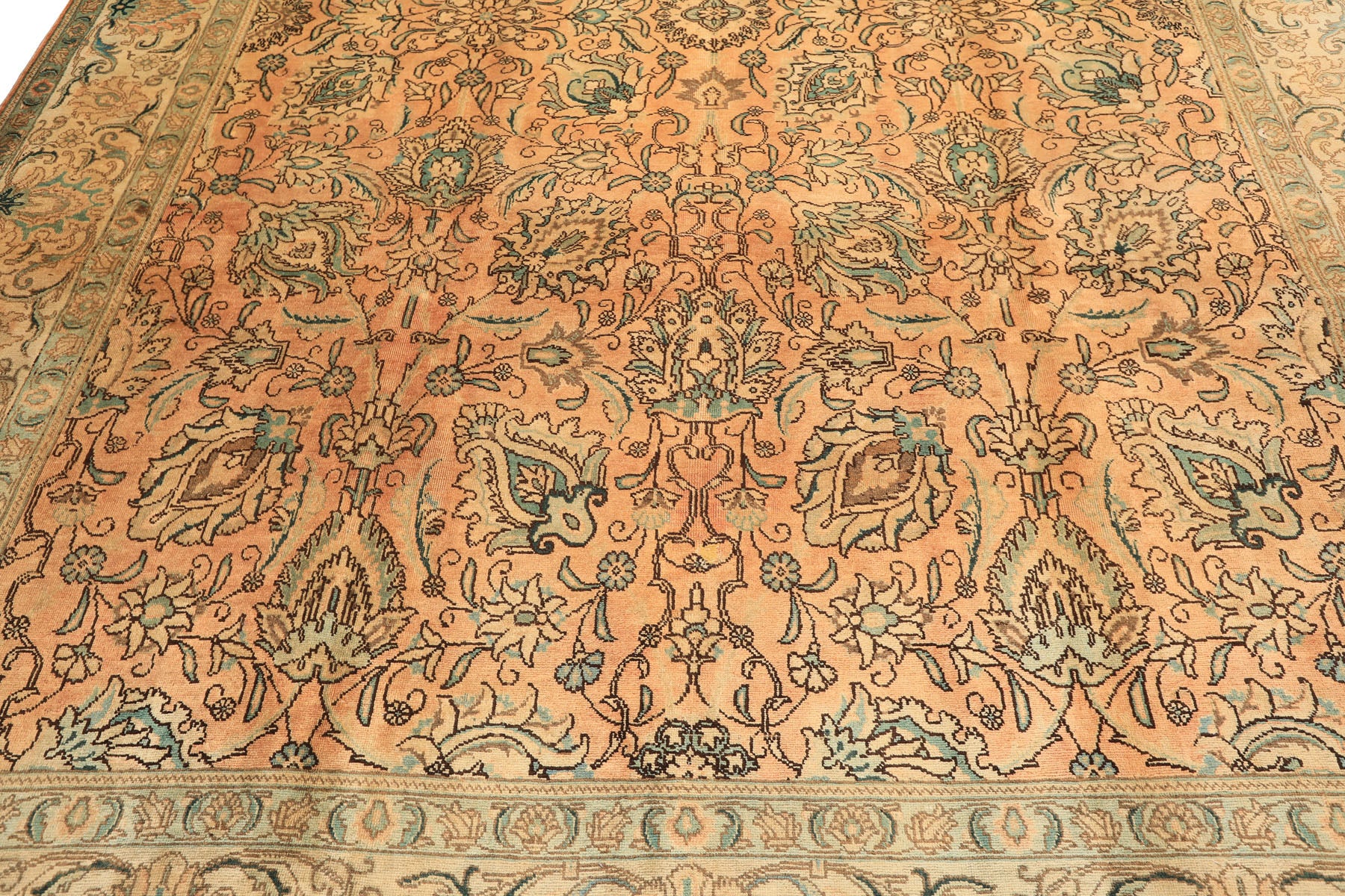 10x14 Peach, Beige, Celadon Color Hand Knotted Tabriz Wool Traditional Oriental Rug