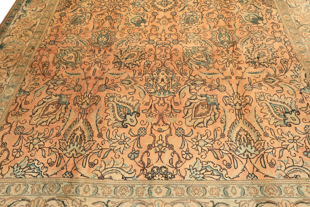 10x14 Peach, Beige, Celadon Color Hand Knotted Tabriz Wool Traditional Oriental Rug
