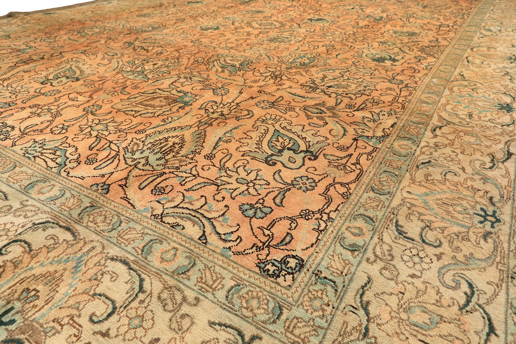 10x14 Peach, Beige, Celadon Color Hand Knotted Tabriz Wool Traditional Oriental Rug