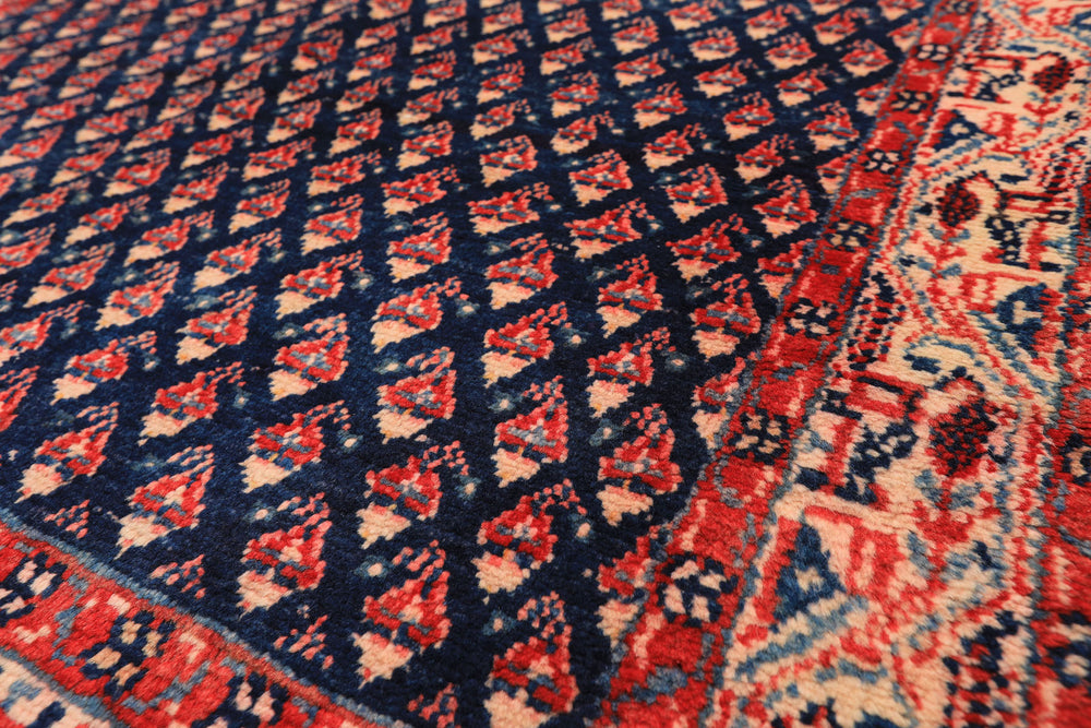 Runner Navy, Ivory, Red Color Hand Knotted Boteh Wool Traditional Oriental Rug