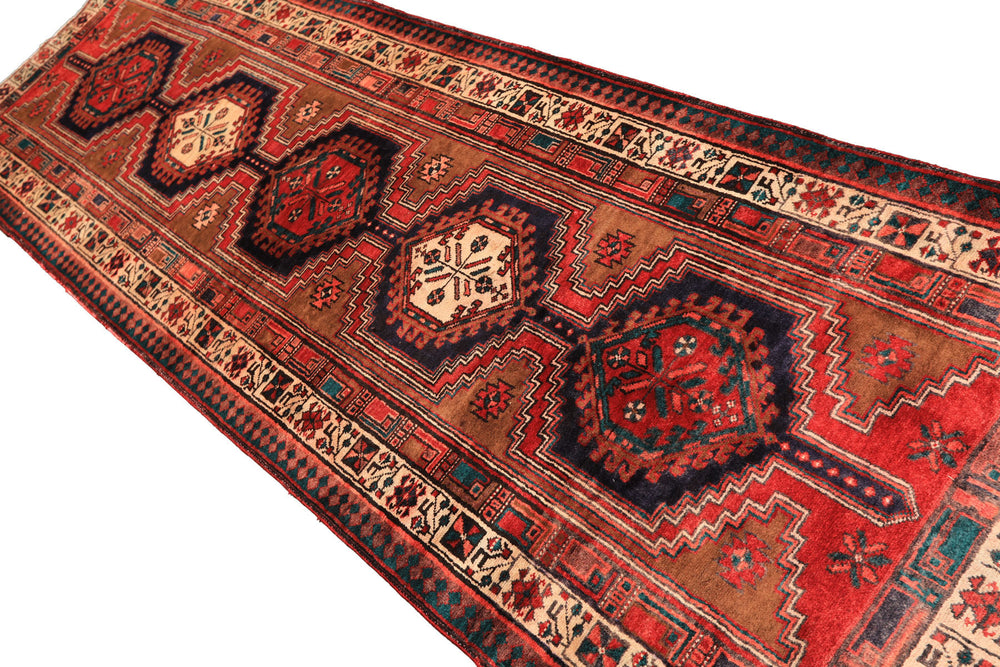 Runner Navy, Brown, Ivory Color Hand Knotted Hamadan Wool Traditional Oriental Rug