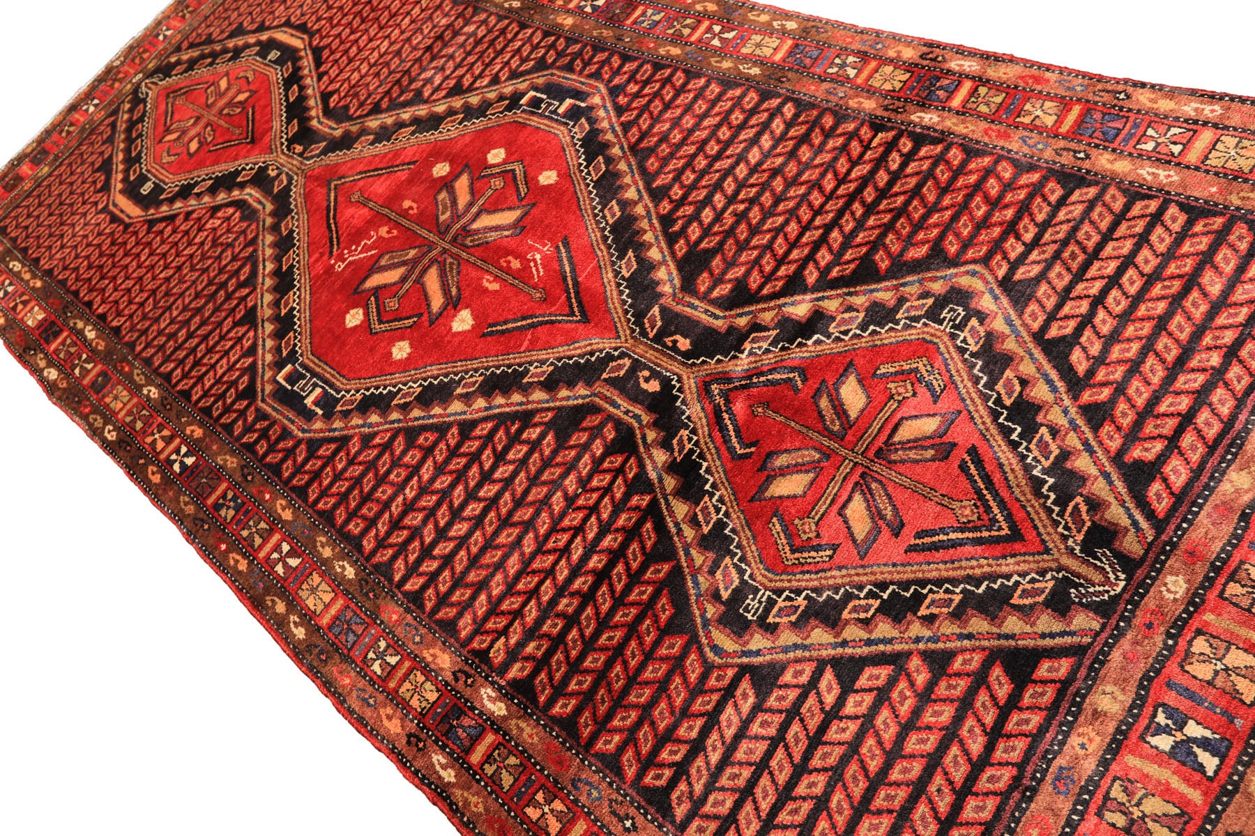 Runner Red, Charcoal, Brown Color Hand Knotted Hamadan Wool Traditional Oriental Rug