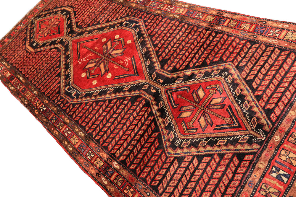 Runner Red, Charcoal, Brown Color Hand Knotted Hamadan Wool Traditional Oriental Rug