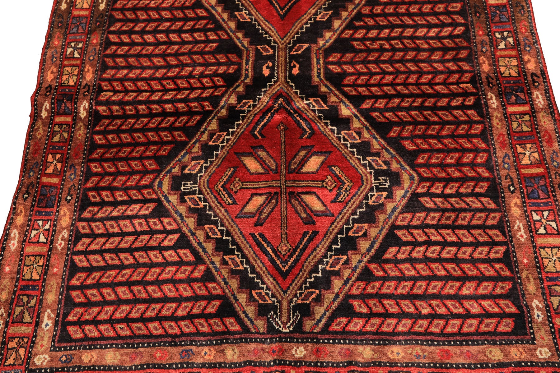 Runner Red, Charcoal, Brown Color Hand Knotted Hamadan Wool Traditional Oriental Rug