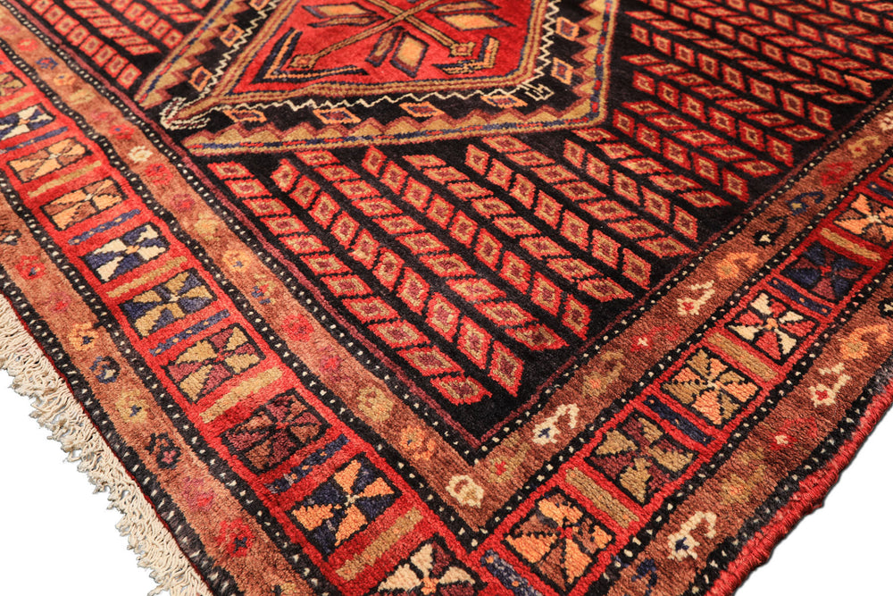 Runner Red, Charcoal, Brown Color Hand Knotted Hamadan Wool Traditional Oriental Rug