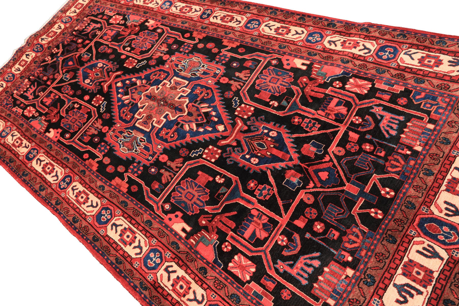 Runner Black, Red, Ivory Color Hand Knotted Heriz Wool Traditional Oriental Rug