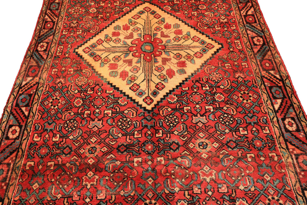 Runner Rust, Coral, Ivory Color Hand Knotted Hamadan Wool Traditional Oriental Rug