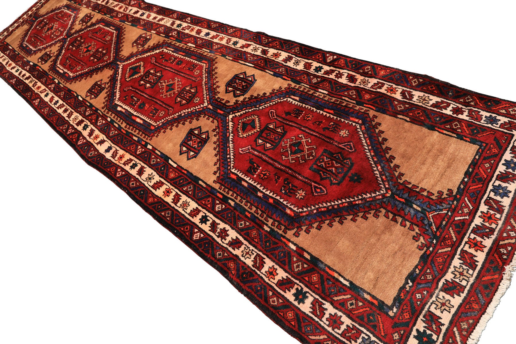 Runner Burgundy, Camel, Ivory Color Hand Knotted Kurdish Bidjar Wool Traditional Oriental Rug