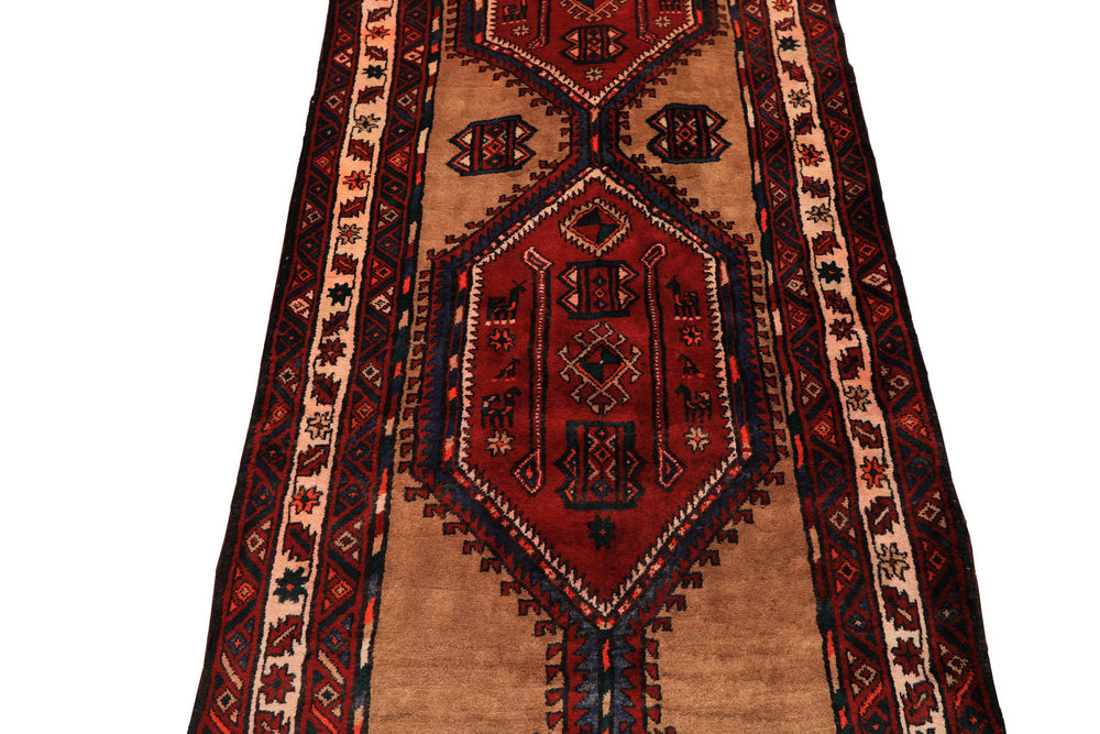 Runner Burgundy, Camel, Ivory Color Hand Knotted Kurdish Bidjar Wool Traditional Oriental Rug