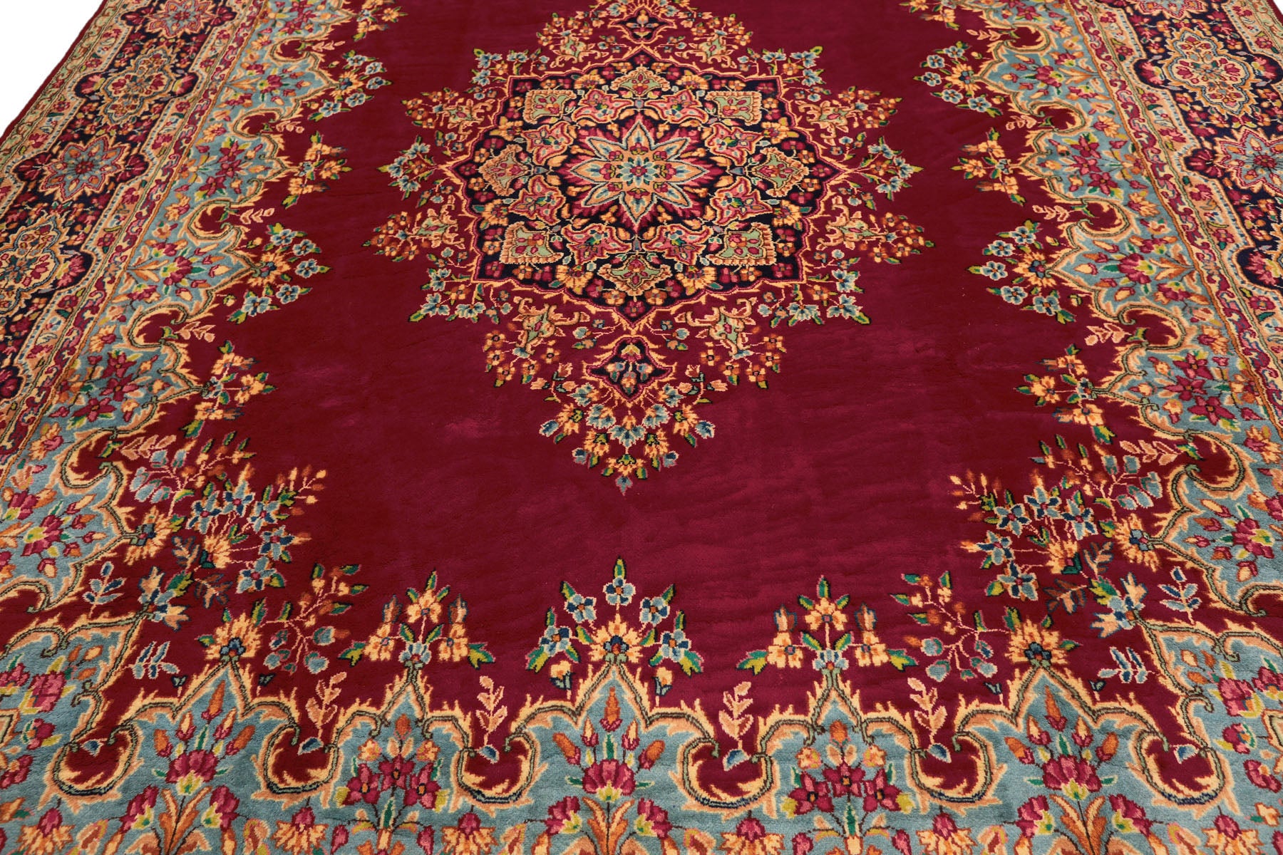 9x12 Fuschia, Aqua, Navy Color Hand Knotted Kerman Wool Traditional Oriental Rug