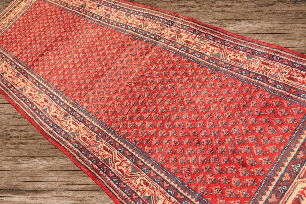 Runner Coral, Ivory, Aqua Color Hand Knotted Kurdish Bidjar Herati Wool Traditional Oriental Rug