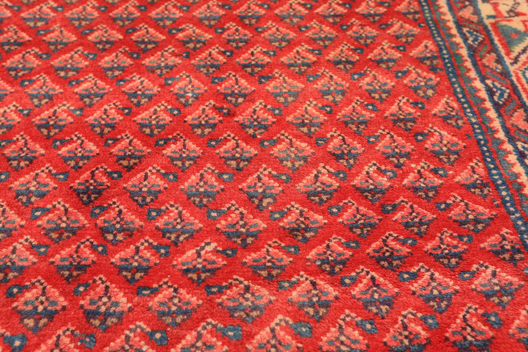 Runner Coral, Ivory, Aqua Color Hand Knotted Kurdish Bidjar Herati Wool Traditional Oriental Rug