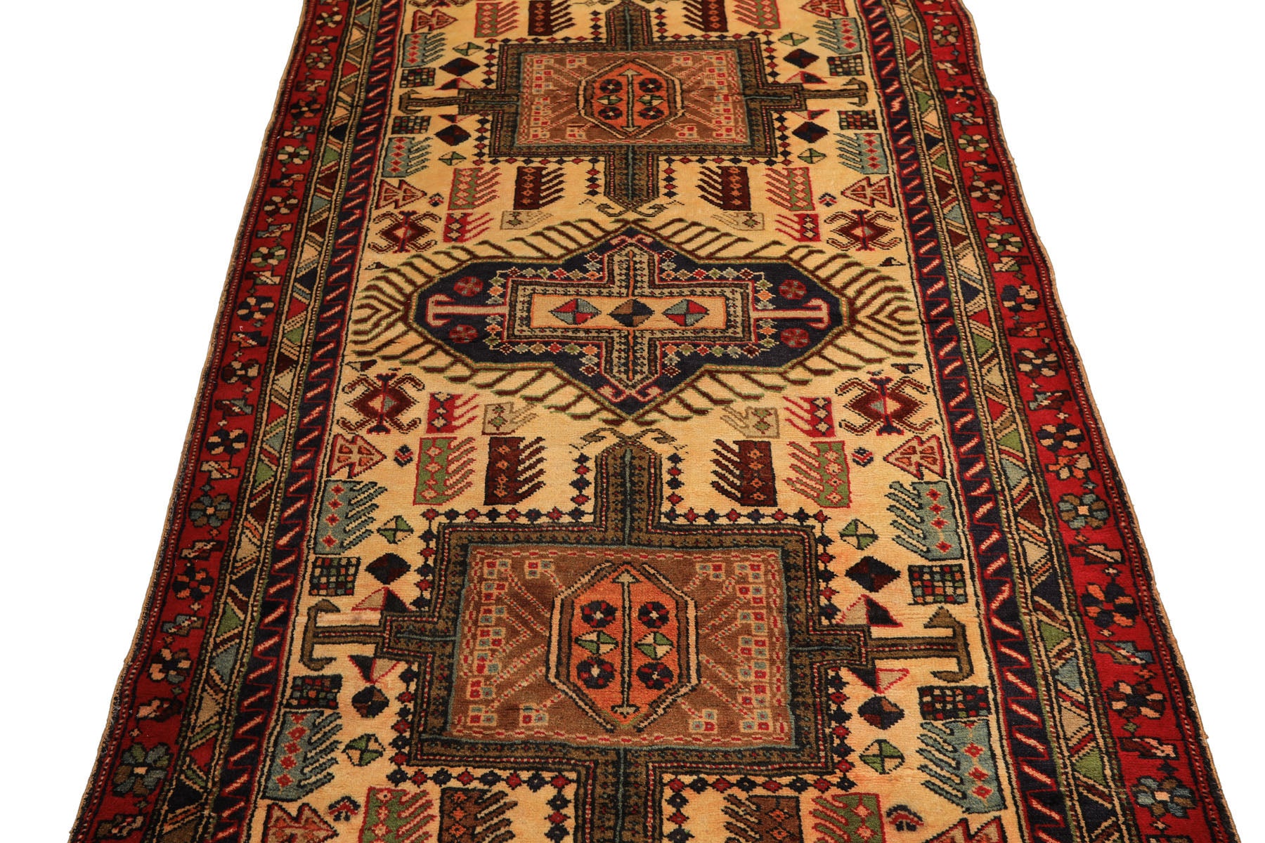 Runner Light Gold, Coral, Navy Color Hand Knotted Kurdish Hamadan Wool Traditional Oriental Rug