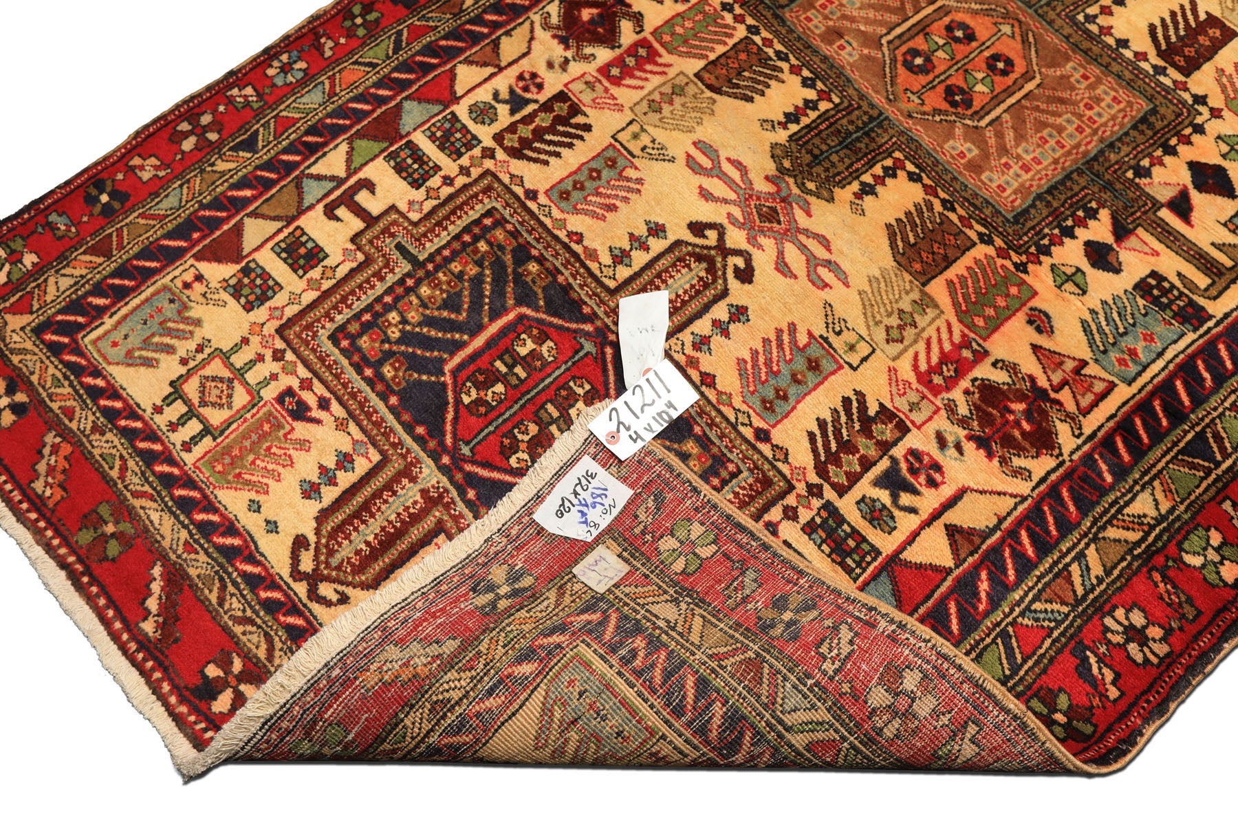 Runner Light Gold, Coral, Navy Color Hand Knotted Kurdish Hamadan Wool Traditional Oriental Rug