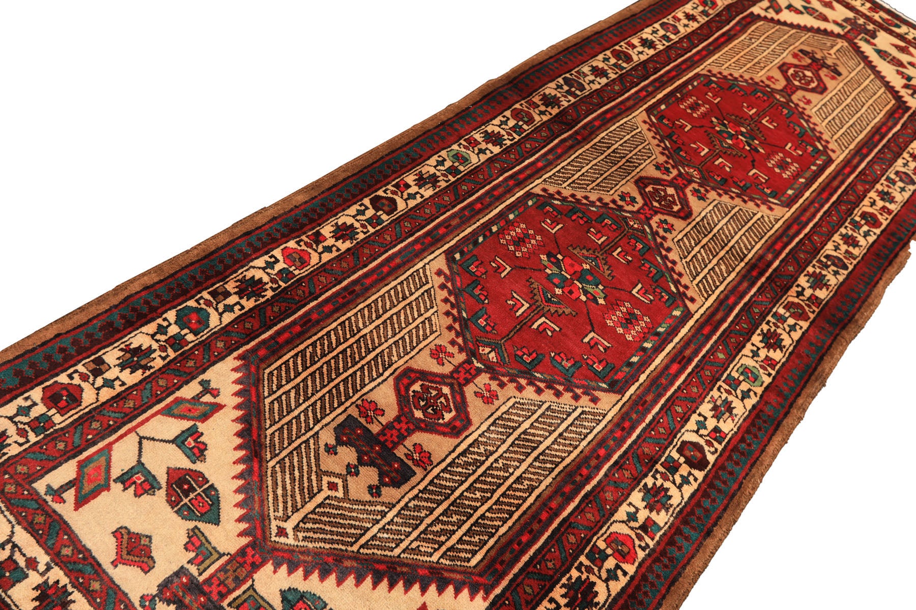 Runner Rusty Red, Tan, Ivory Color Hand Knotted Kurdish Hamadan Wool Traditional Oriental Rug