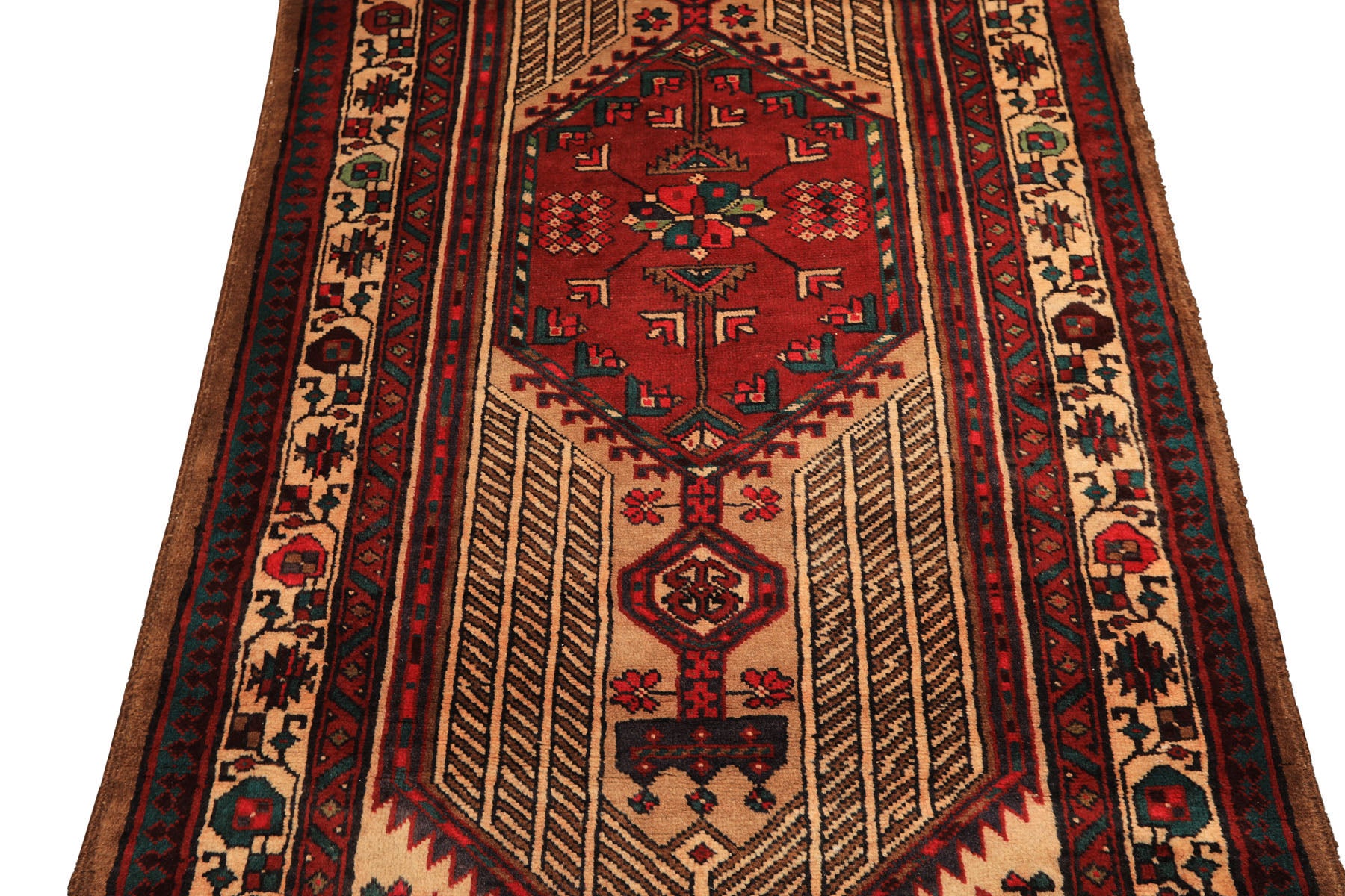 Runner Rusty Red, Tan, Ivory Color Hand Knotted Kurdish Hamadan Wool Traditional Oriental Rug