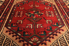 Runner Rusty Red, Tan, Ivory Color Hand Knotted Kurdish Hamadan Wool Traditional Oriental Rug