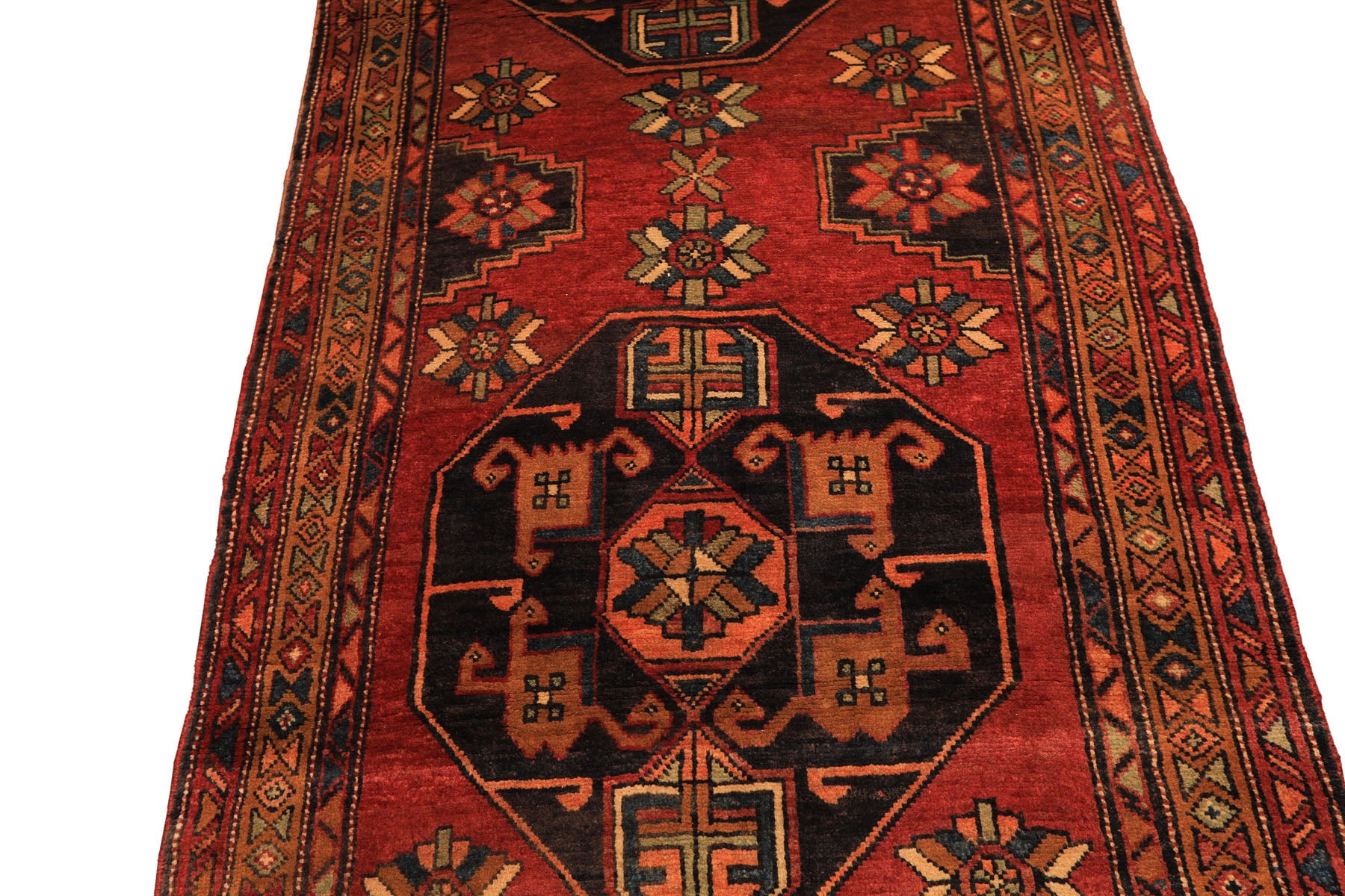 Runner Rust, Gold, Charcoal Color Hand Knotted Kurdish Hamadan Wool Traditional Oriental Rug