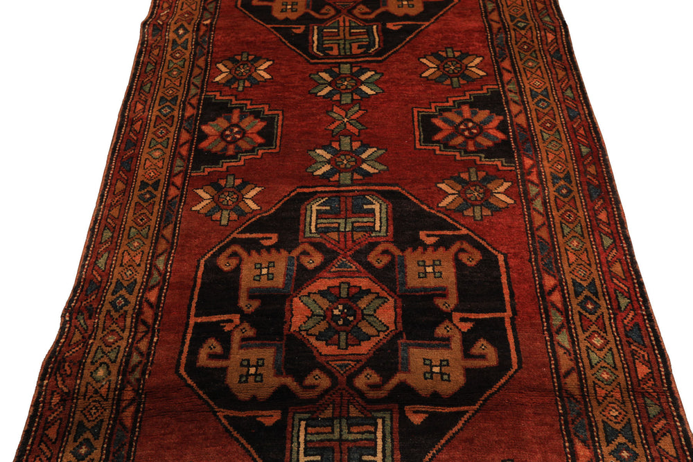 Runner Rust, Gold, Charcoal Color Hand Knotted Kurdish Hamadan Wool Traditional Oriental Rug