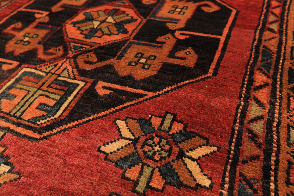 Runner Rust, Gold, Charcoal Color Hand Knotted Kurdish Hamadan Wool Traditional Oriental Rug