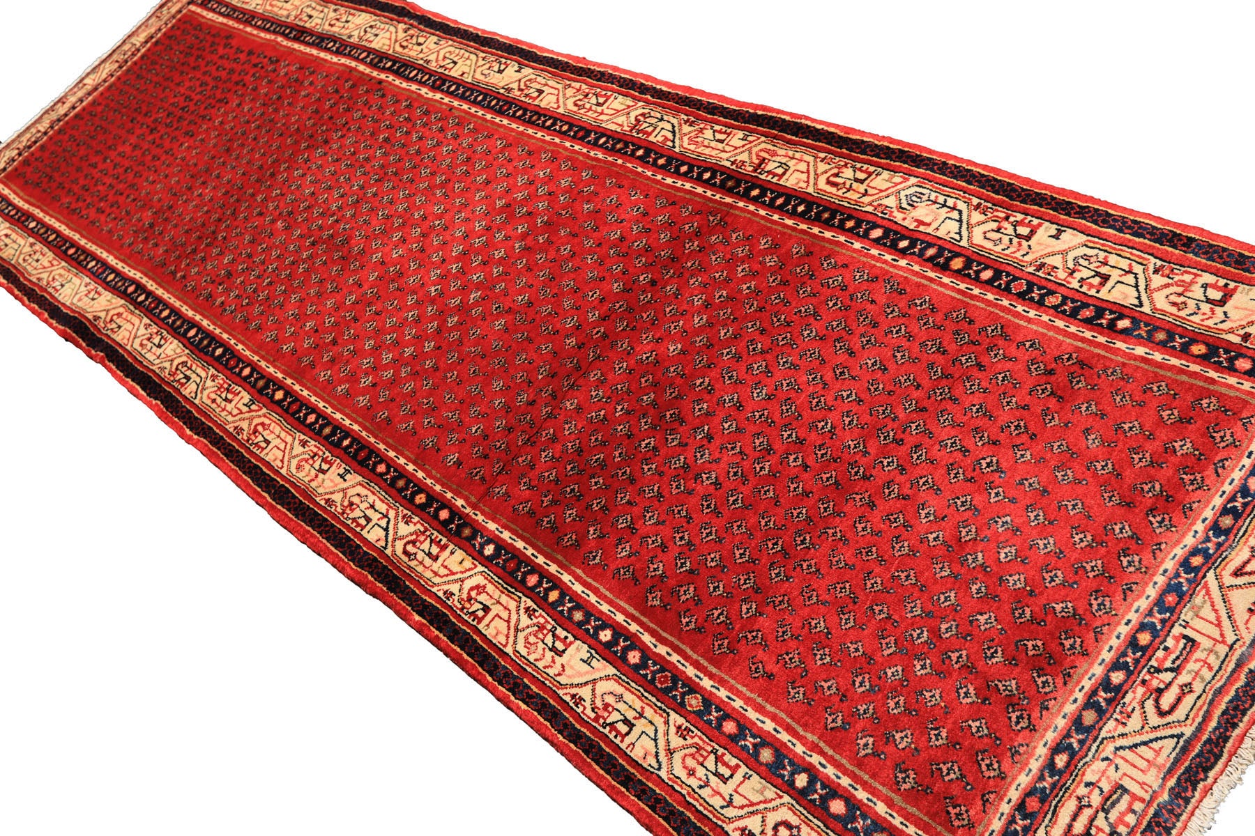 Runner Red, Ivory, Navy Color Hand Knotted Kurdish Bidjar Herati Wool Traditional Oriental Rug