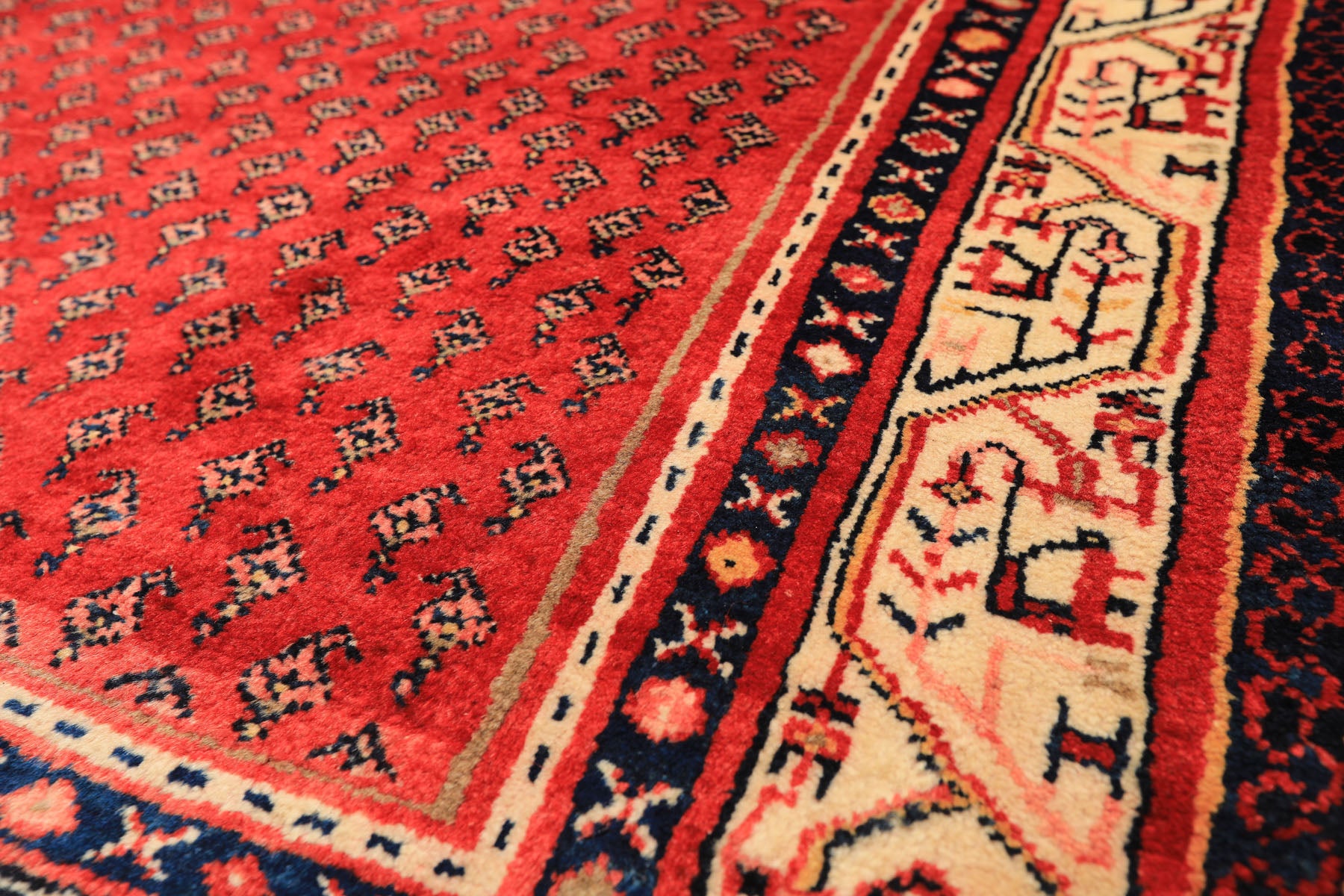 Runner Red, Ivory, Navy Color Hand Knotted Kurdish Bidjar Herati Wool Traditional Oriental Rug