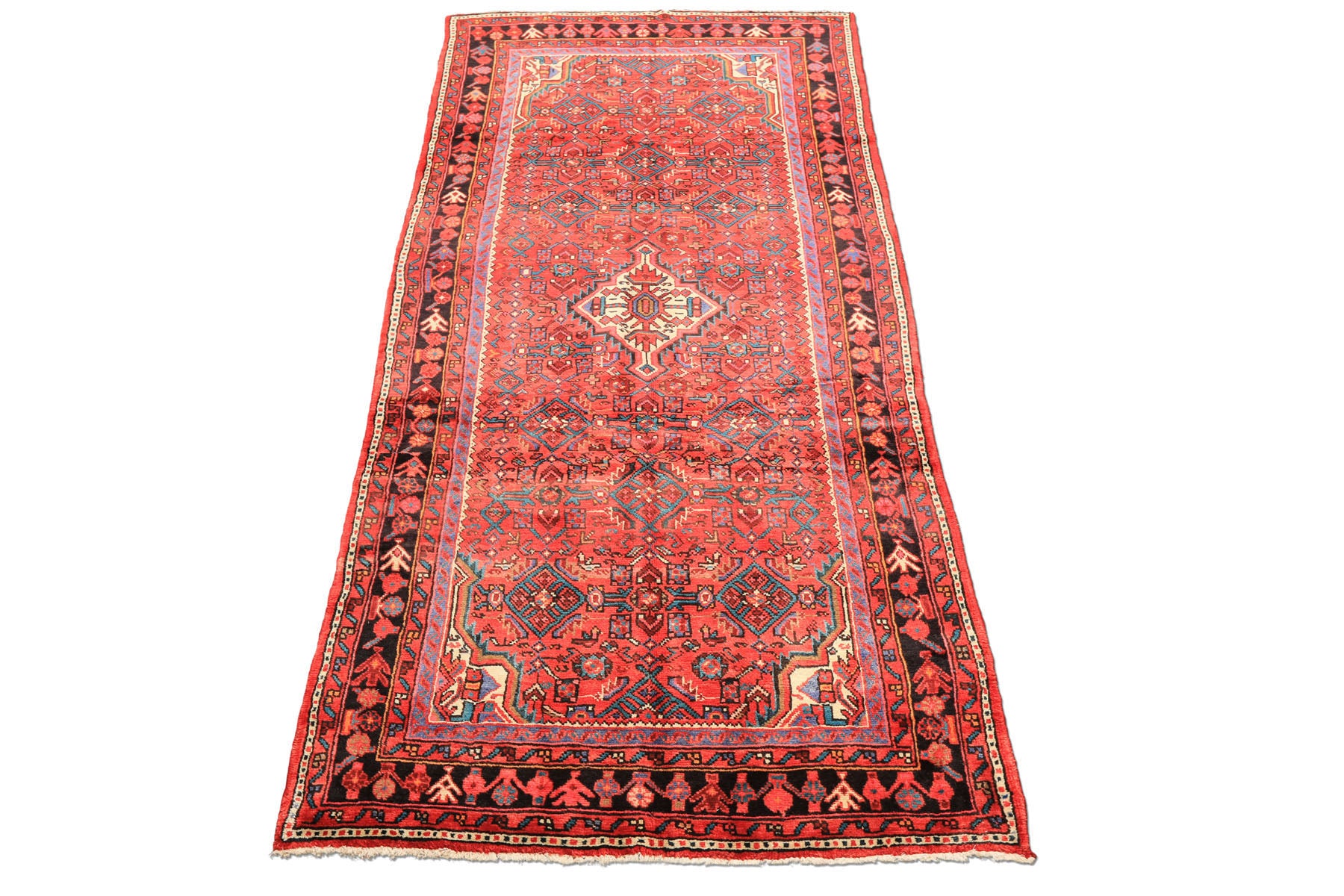 Runner Red, Rose, Charcoal Color Hand Knotted Heriz Wool Traditional Oriental Rug