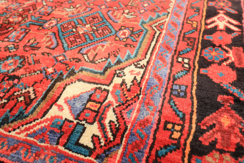 Runner Red, Rose, Charcoal Color Hand Knotted Heriz Wool Traditional Oriental Rug