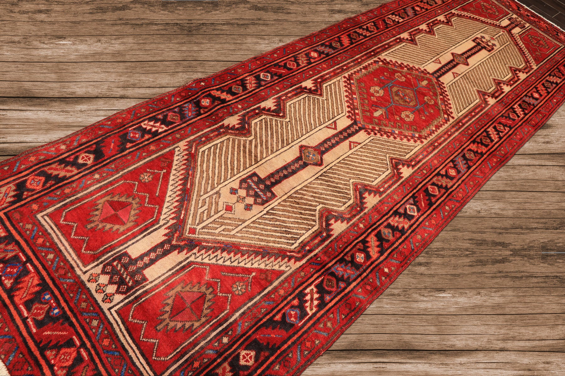 Runner Beige, Red, Rose Color Hand Knotted Heriz Wool Traditional Oriental Rug
