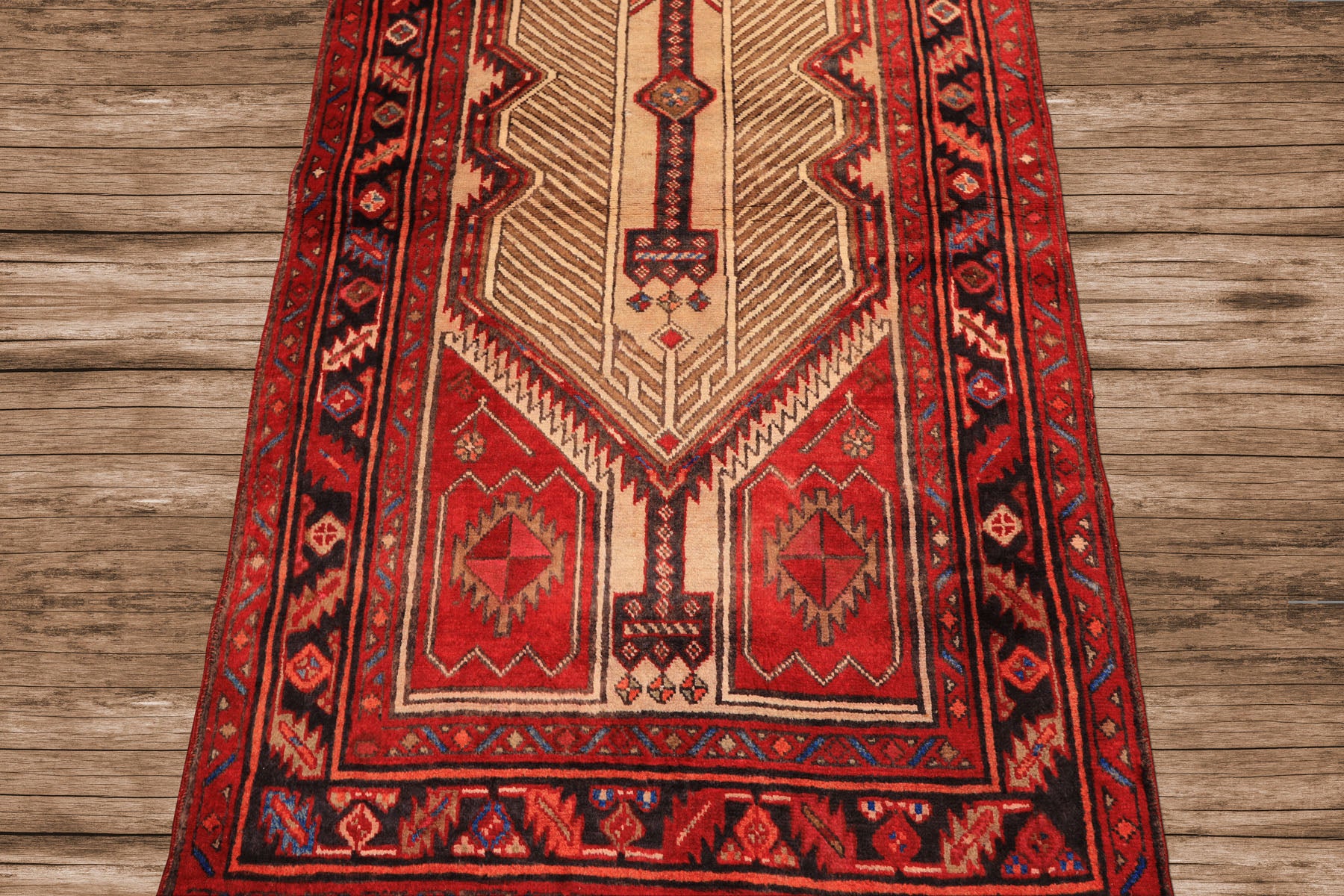 Runner Beige, Red, Rose Color Hand Knotted Heriz Wool Traditional Oriental Rug