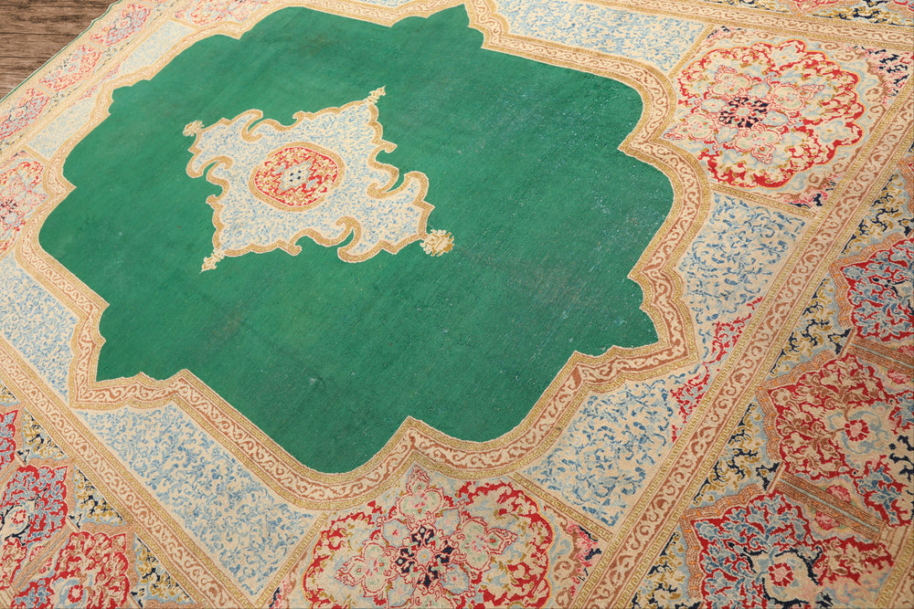 9x12 Green, Ivory, Rose Color Hand Knotted Kerman Wool Traditional Oriental Rug