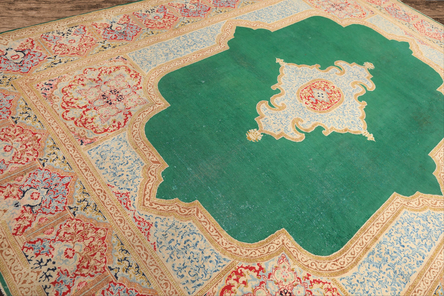 9x12 Green, Ivory, Rose Color Hand Knotted Kerman Wool Traditional Oriental Rug