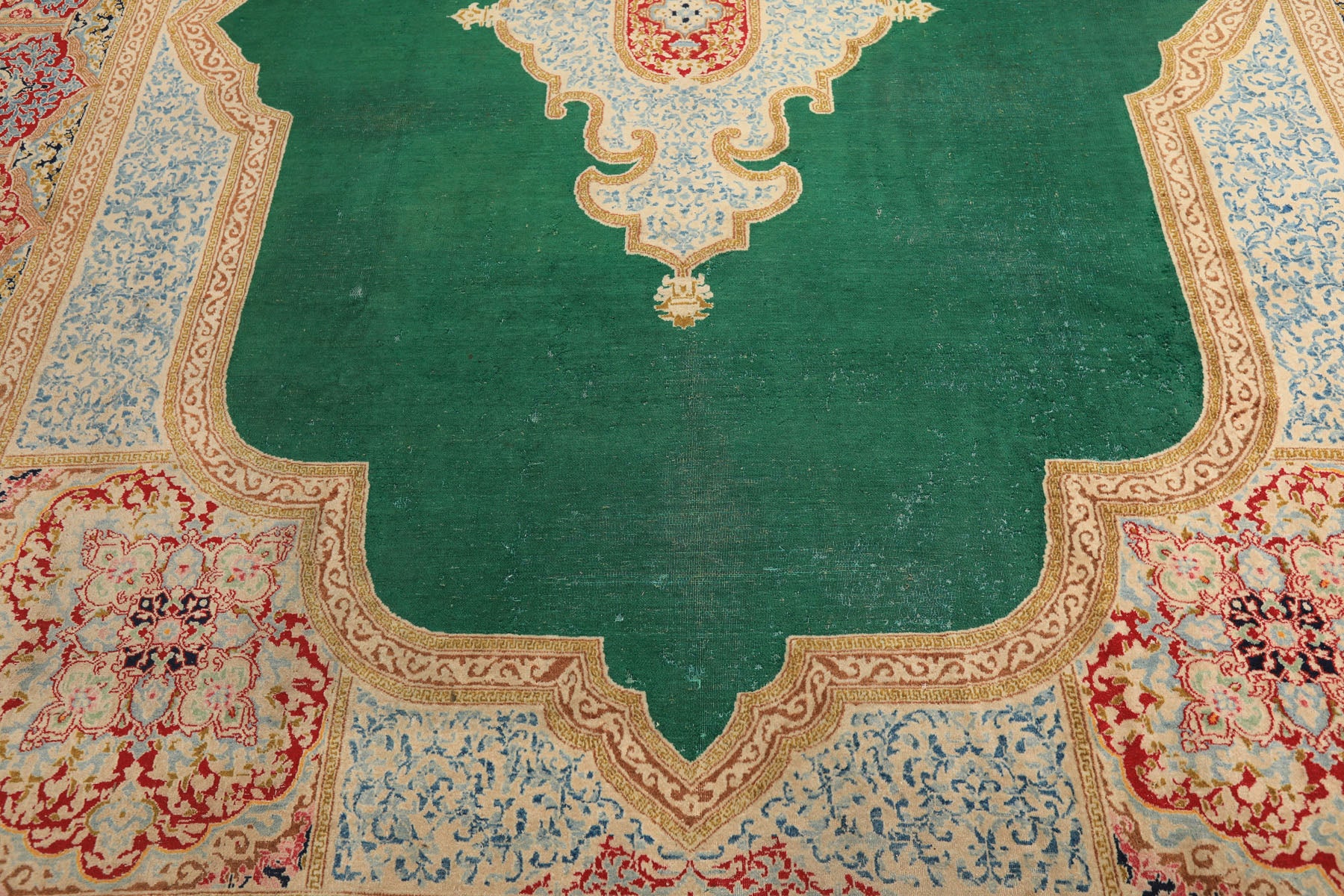 9x12 Green, Ivory, Rose Color Hand Knotted Kerman Wool Traditional Oriental Rug