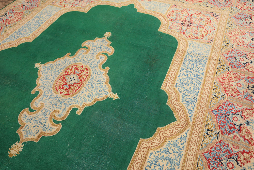 9x12 Green, Ivory, Rose Color Hand Knotted Kerman Wool Traditional Oriental Rug