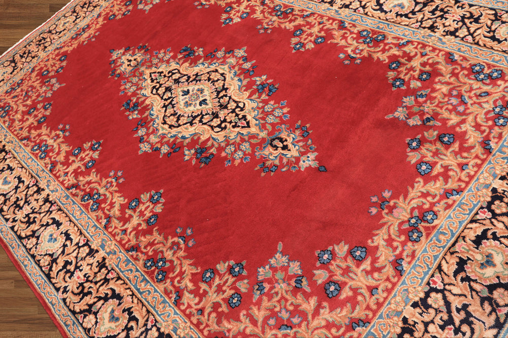 7x10 Red, Navy, Aqua Color Hand Knotted Kerman Wool Traditional Oriental Rug