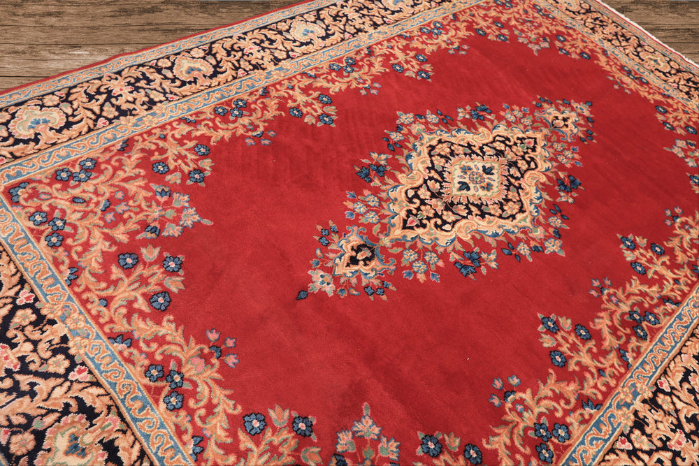 7x10 Red, Navy, Aqua Color Hand Knotted Kerman Wool Traditional Oriental Rug