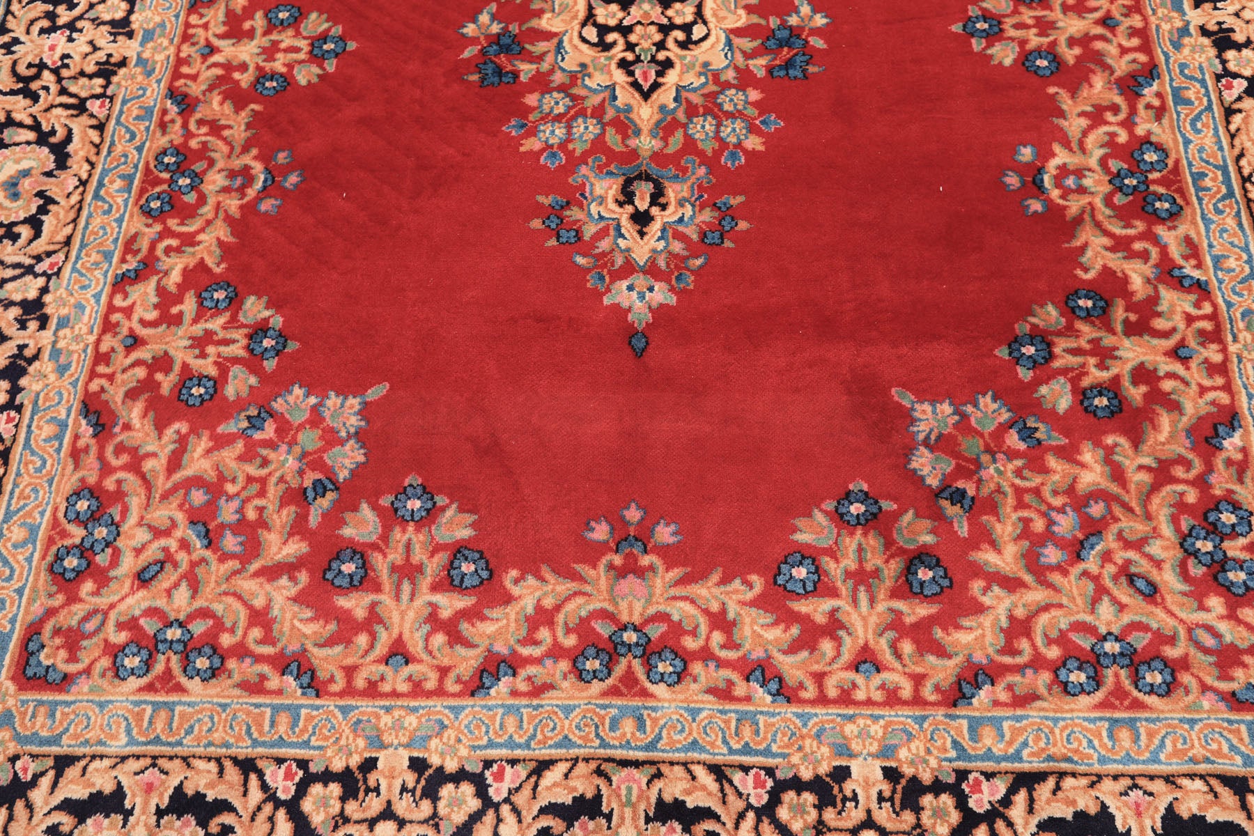 7x10 Red, Navy, Aqua Color Hand Knotted Kerman Wool Traditional Oriental Rug