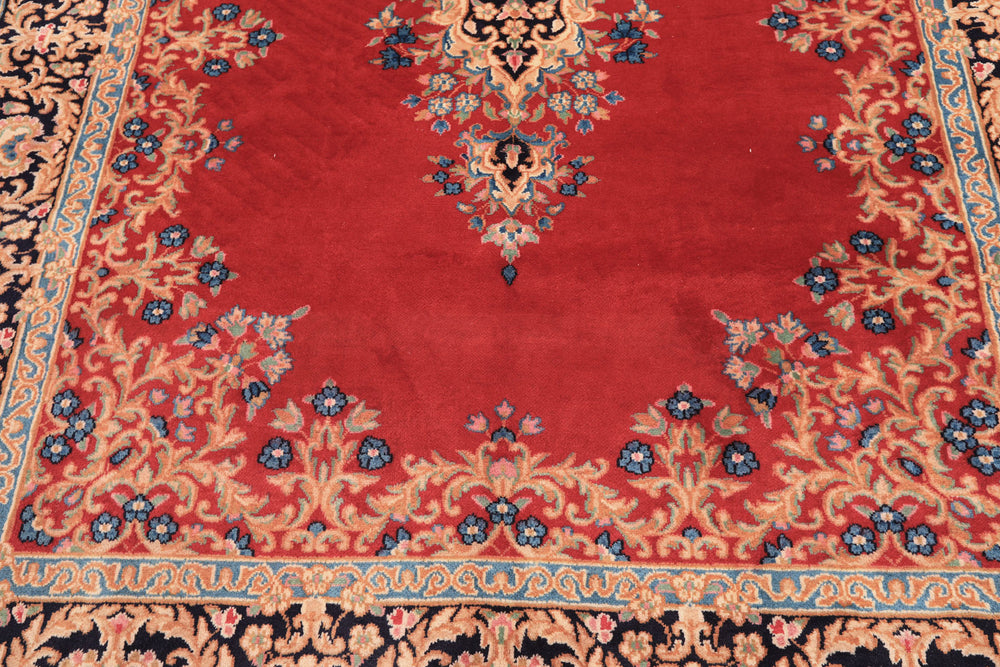 7x10 Red, Navy, Aqua Color Hand Knotted Kerman Wool Traditional Oriental Rug