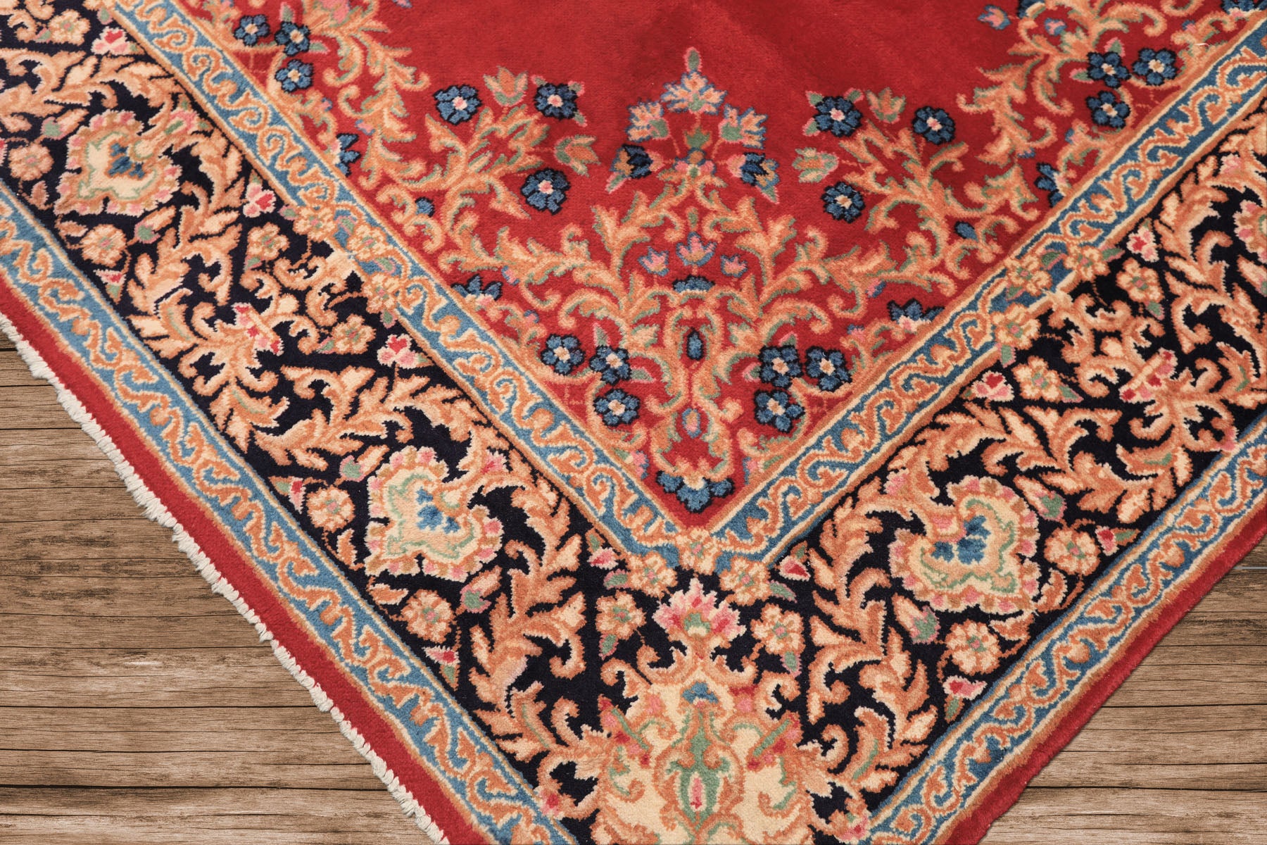 7x10 Red, Navy, Aqua Color Hand Knotted Kerman Wool Traditional Oriental Rug