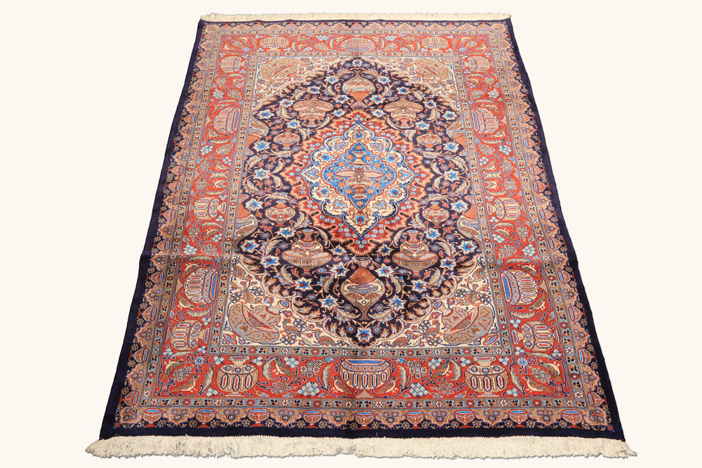 6x9 Navy, Burnt Orange, Ivory Color Hand Knotted Kashmar Wool Traditional Oriental Rug
