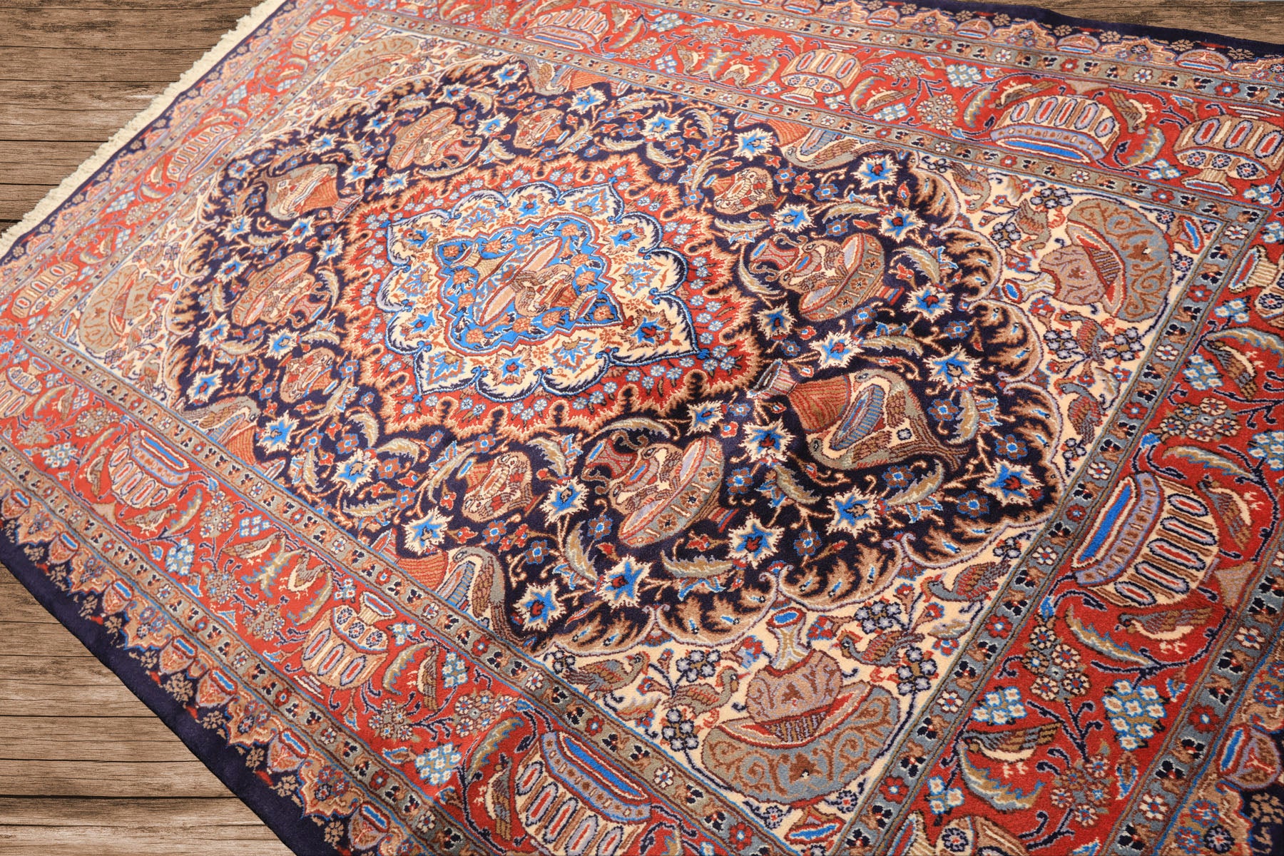 6x9 Navy, Burnt Orange, Ivory Color Hand Knotted Kashmar Wool Traditional Oriental Rug