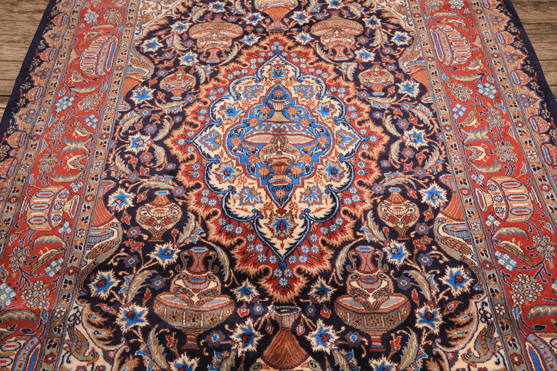 6x9 Navy, Burnt Orange, Ivory Color Hand Knotted Kashmar Wool Traditional Oriental Rug