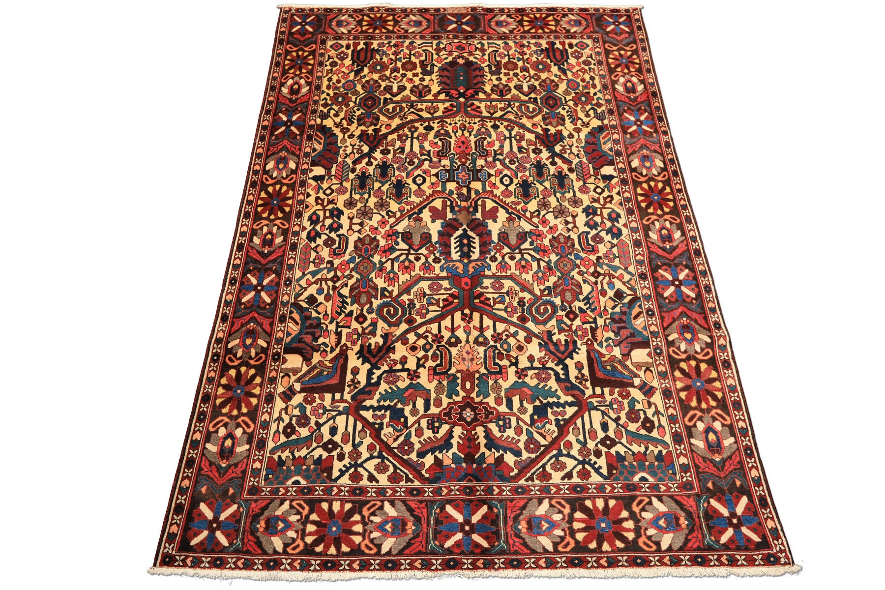 7x10 Ivory, Chocolate, Navy Color Hand Knotted Char Mahal Bhaktiari Wool Traditional Oriental Rug